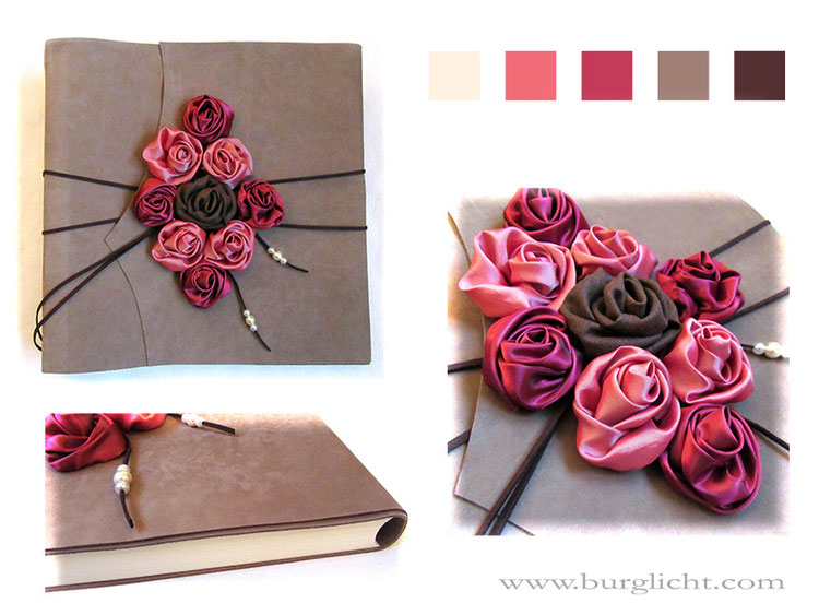 Großes Hochzeitsalbum, 35cm x 35cm, Leder naturbraun, Softcover mit Überschlag, Lederalbum mit handgenähten Satinrosen in dunkelbraun, coralred, puderrot; Lederkordel dunkelbraun und cremefarbenen Zierperlen.