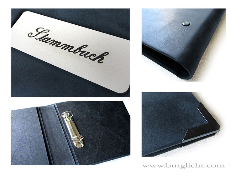 Stammbuch Hardcovereinband Echtleder blauschwarz, 2-Ring-Mechanik Füllhöhe 2cm, Metallschild Aluminium matt, Gravur geschwärzt, Buchecken mattschwarz, Innenausstattung Stoff schwarz