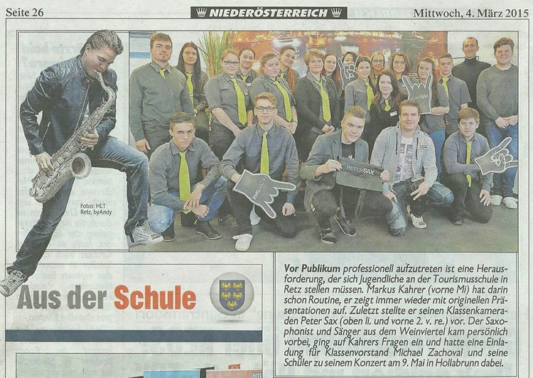 Pressetext "KronenZeitung", Mittwoch 04. März 2015 - Seite 26 Abschnitt Niederösterreich zur Präsentation über Peter SAX!