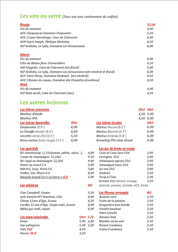 carte des boissons restaurant le briand à valence
