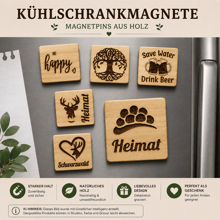 Handgefertigte Kühlschrankmagneten Pins mit Schwarzwald, Baum des Lebens Motiv und Sprüchen