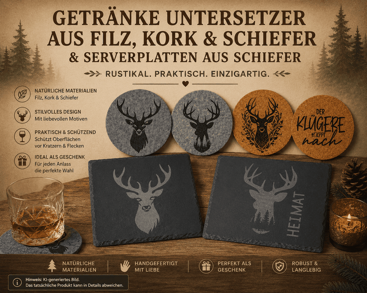 Getränkeuntersetzer & Servierplatten aus Schiefer, Kork,  Filz  Hirschmotiv Schwarzwald 