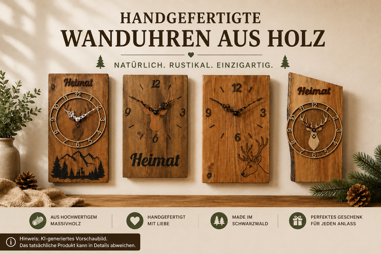 Handgefertigte Uhren Wanduhren Tischuhren aus Holz im Landhausstil und Schwarzwaldstil