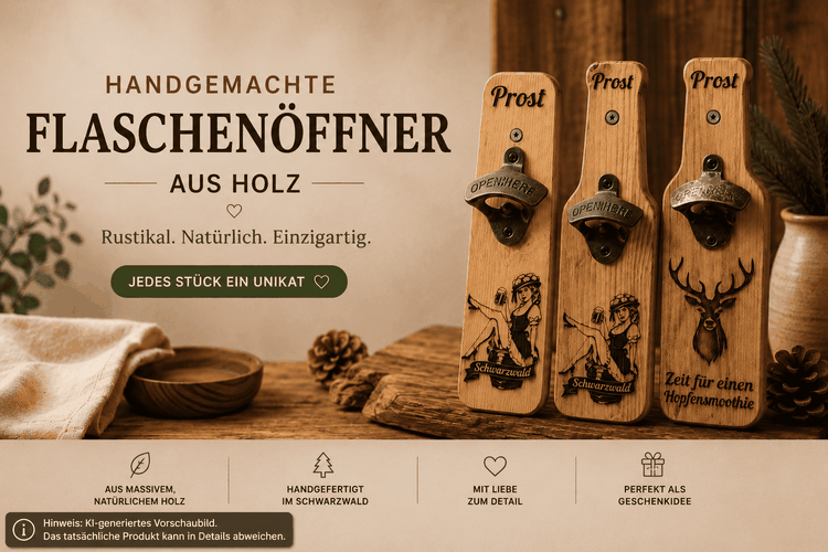 Handgefertigte Wandflaschenöffner und gravierte Hand Flaschenöffner aus Holz im Landhausstil und Schwarzwaldsti