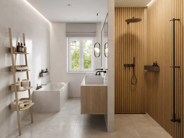 modern bathroom renovation with black fittings and timber look tiles