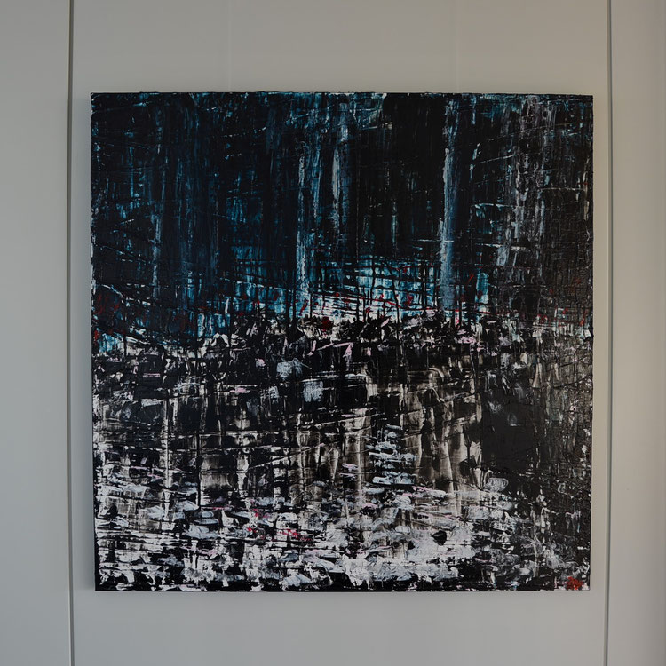 Titel: The people, the city, 100 x 100 cm, Acryl op linnen (aluframe), Maart 2020, Prijs € 1.175,-. 