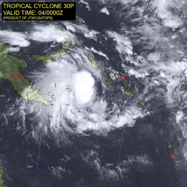 Satellite image showing a developing tropical cyclone developing near the Solomon Islands. From JTWC. 04/04/2026.