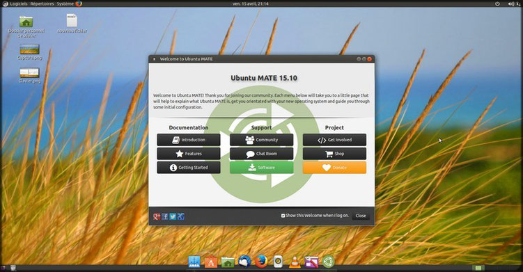 Page d'accueil d'Ubuntu Mate. Un Dock type Apple peut être ajouté.