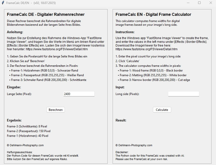 Screenshot der App FrameCalc zur Berechnung von digitalen Rahmen, Dr. Ralph Oehlmann, Oehlmann-Photography