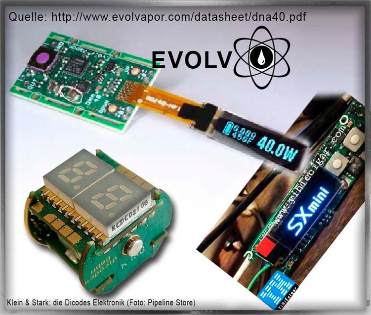 Beispiele elektronischer Bauteile, um im Akkuträger Widerstand, Volt, Watt und Temperatur zu kontrollieren und zu regeln