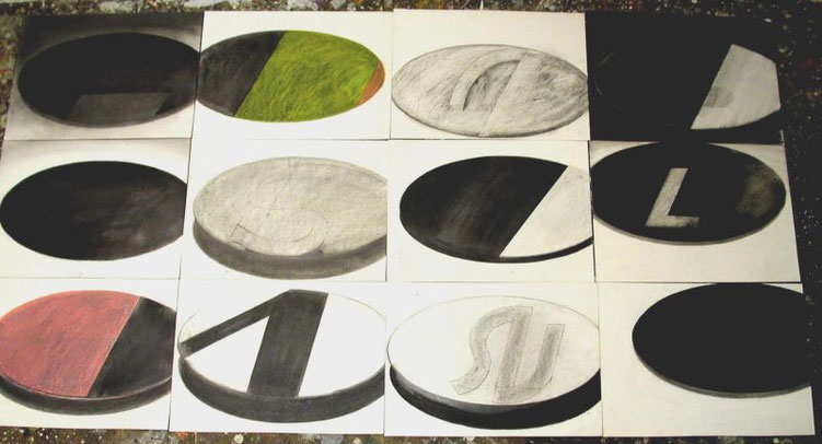 "Liga-Embleme" 2002, Graphit und Wachskreide auf Karton, je 31,5 x 43 cm 