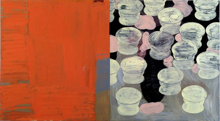 "Anna's Stilleben", 2001, Öl und Haushaltslack auf Nessel, 99 x 180 cm, Privatsammlung München