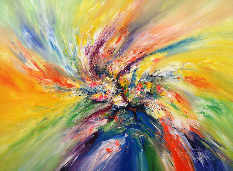 Lebhaftes, modernes Gemälde in Acrylfarben auf Leinwand.