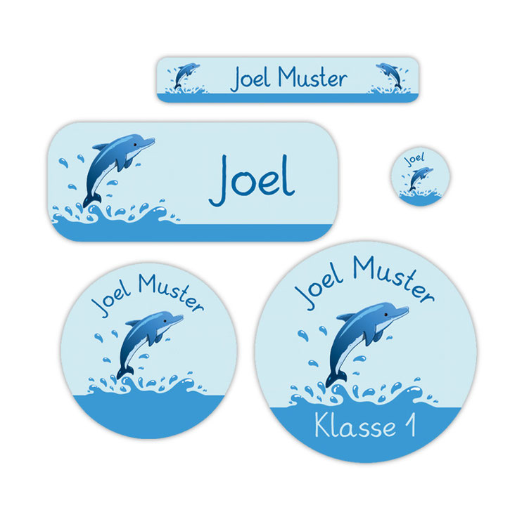 Schulstarter-Set - Motiv: Delfin - verschiedene Namensaufkleber, Stifteaufkleber, Mini Dots Aufkleber, hochwertige, umweltfreundliche PVC-freie Folie