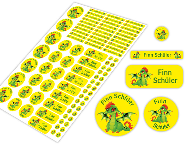 Schulstarter-Set - Motiv: Babydrache - verschiedene Namensaufkleber, Stifteaufkleber, Mini Dots Aufkleber, hochwertige, umweltfreundliche PVC-freie Folie