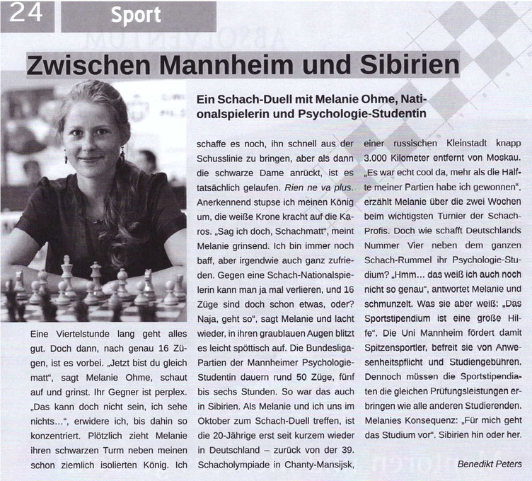 Interview mit Melanie Lubbe (Ohme), UniMAgazin 02/2010 über die Schacholympiade