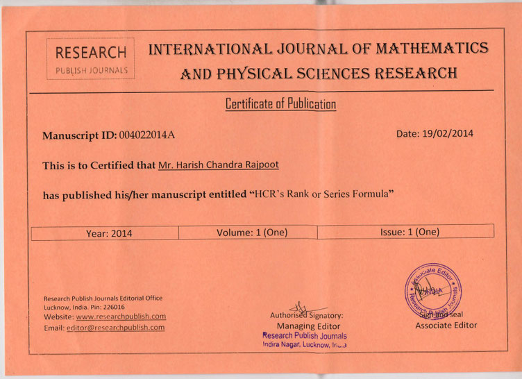 HCR's Rank or Series Formula (Certified by International Journal of Mathematics & Physical Sciences Research in Feb, 2014)