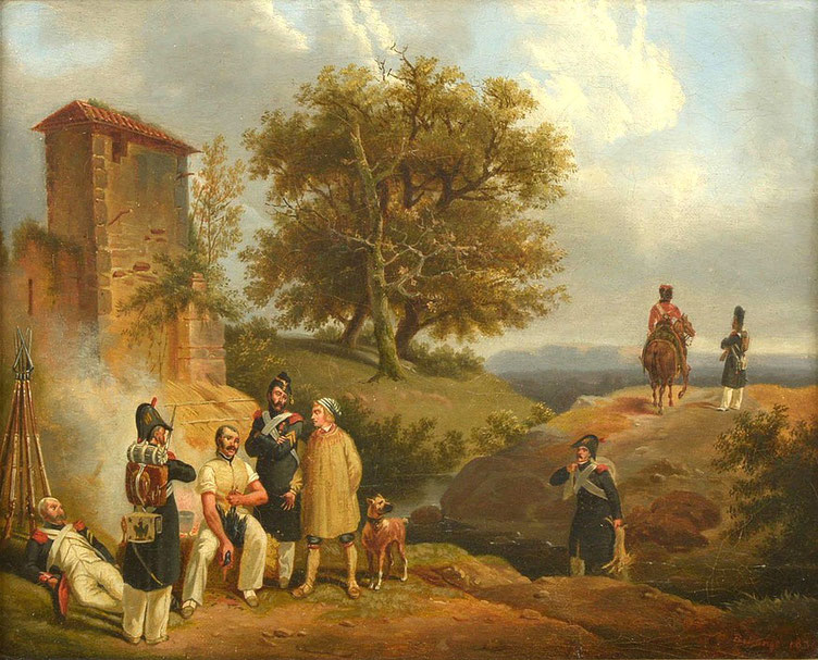 te_koop_aangeboden_een_genre_kunstwerk_"de_soldaten_op_jacht"_van_de_franse_kunstschilder_Hippolyte_Bellangé_1800-1866 
