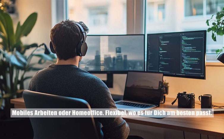 Person arbeitet an einem modernen Arbeitsplatz mit mehreren Monitoren – steht für flexibles Arbeiten und Homeoffice-Möglichkeiten bei der Keuthen AG.
