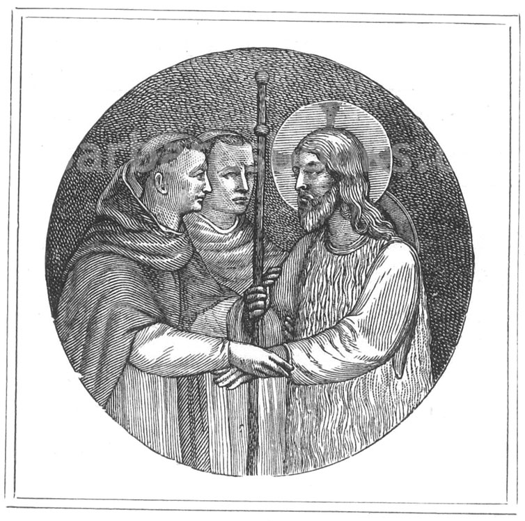 Abb. 265. – Gastfreundschaft. – Jesus Christus, dargestellt als Pilger, wird von zwei Predigerbrüdern des Ordens des heiligen Dominikus empfangen. – Freskomalerei von Fra Angelico im Markuskloster in Florenz (15. Jahrhundert).