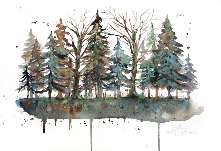 Wald, Forest, Bäume, Waldlandschaft, Aquarell, Illustration, watercolour, watercolor, art, Kunstwerk, Original, fließender Wald, Waldillustration, Fichtelgebirge