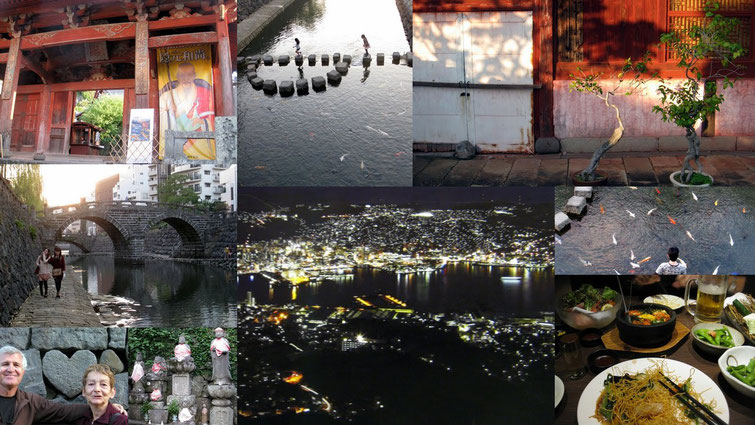 Entrée de Kôfuku-Ji, enfants jouant sur la rivière Nakajima-gawa, bonsaÏs,  megane bashi (pont à lunettes), Nagasaki d'en haut, carpes, Gé et Dom love, Repas du jour