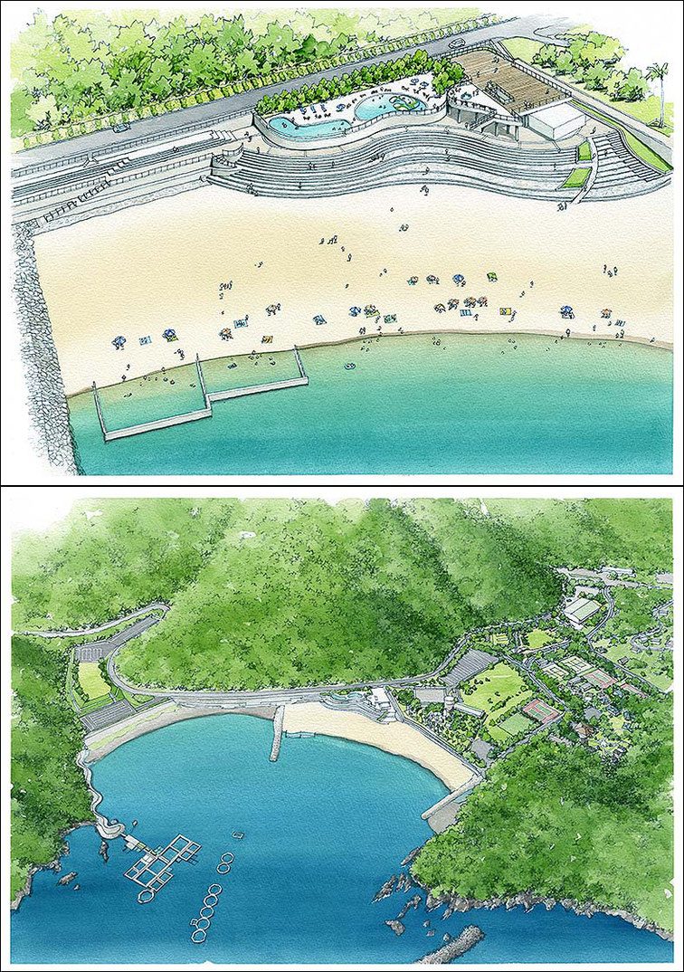 海岸パース　beach bird's-eye view drawing