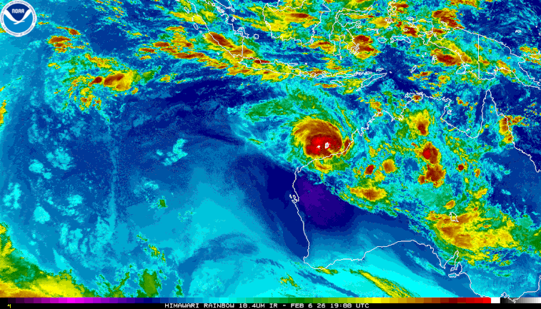 Satellite image of tropical cyclone Mitchell off northwest Western Australia, 07 February 2026. From NOAA.