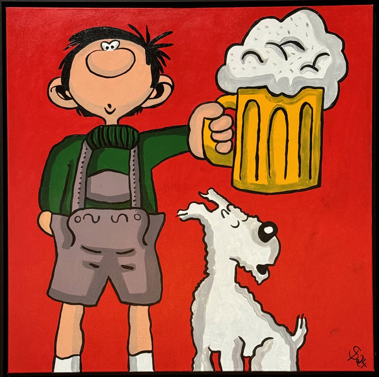 Pop-Art Gemälde von Divo Santino  - Mann in Lederhose mit Bierkrug und Hund vor rotem Hintergrund, typisch Bayrische Figur. Prost