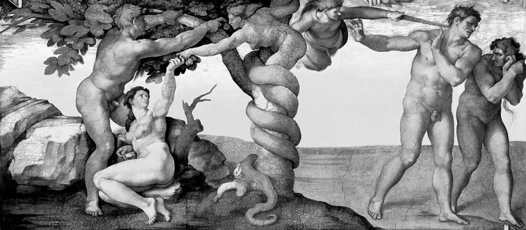 Adam und Eva werden aus dem Paradies vertrieben. Michelangelo