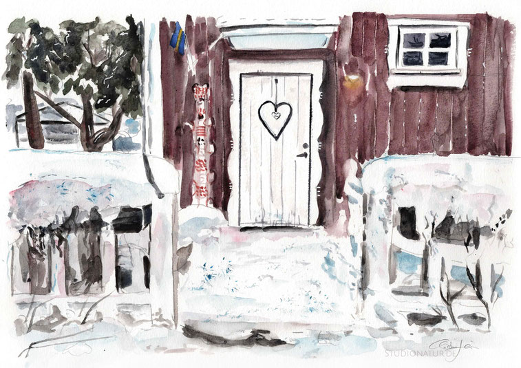 Cottage, Wald, Winter, Schwedenhaus forest, winter forest,trees, illustration, Schweden, sweden, Landschaft, Aquarell, watercolour, watercolor, painting, art, landscape art, Landschaftsmalerei, Original, Kunst, Bild, Malerei, Küste, Leuchtturm, lighthouse