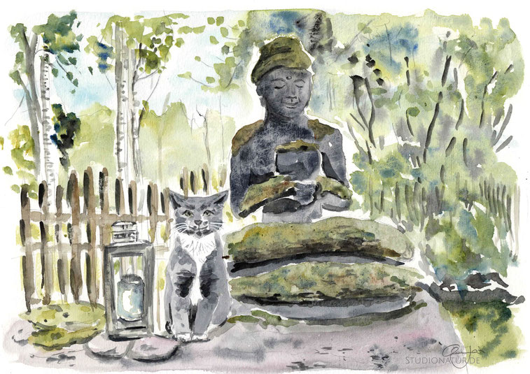 Cottage, Wald, Katze, Buddha, forest, trees, illustration, Schweden, sweden, Landschaft, Aquarell, watercolour, watercolor, painting, art, landscape art, Landschaftsmalerei, Original, Kunst, Bild, Malerei, Garten, garden, Santari