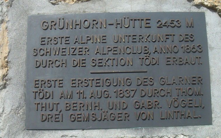 Herinnerings plaquette van de Grünhornhütte 2453 m