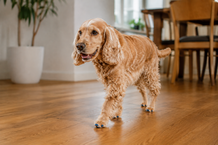 Cocker Spaniel mit blauen ToeGrips® an den Krallen läuft sicher über einen glatten Holzfußboden in häuslicher Umgebung.