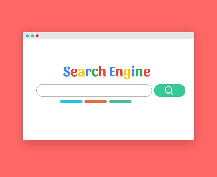 Benutzeroberfläche einer Suchmaschine, Grafik mit Lupe und dem Text "Search Engine"