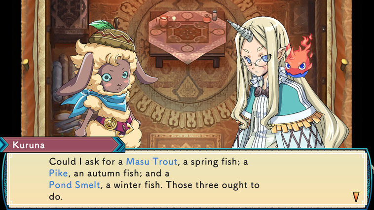 Game screenshot showing a conversation between a sheep and horned female.
