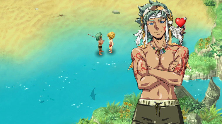 Game screenshot showing a muscular male character in swimming gear.