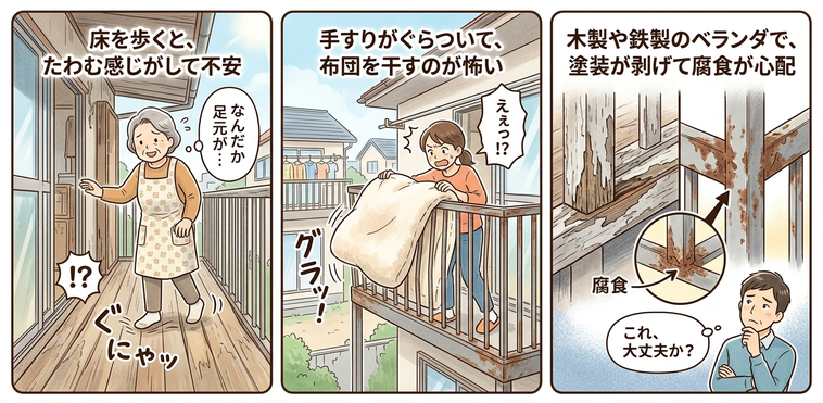 こんな不安ありませんか？ベランダの床がしなる。ぐらつく。腐食がある。イメージイラスト