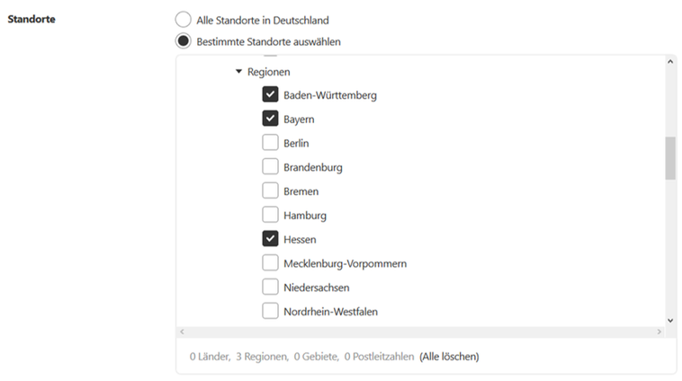 Targeting für Pinterest Ads: Auswahl der Standorte auf Bundesländer-Ebene