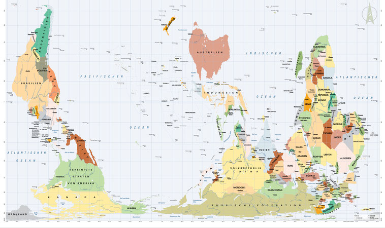 Weltkarte: Aus europäischer Sicht auf den Kopf gestellt
