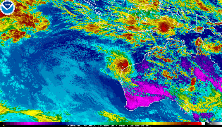 Satellite image of tropical cyclone Mitchell off northwest Western Australia, 08 February 2026. From NOAA.