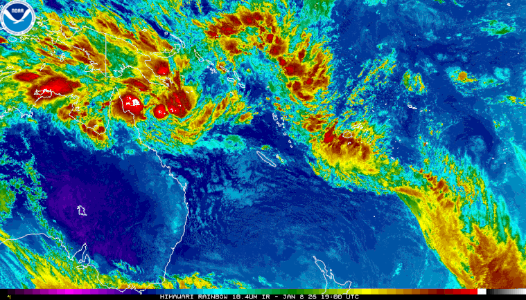 Colourised image showing a developing tropical low pressure system off far north Queensland, 09 January 2026. Image from NOAA.