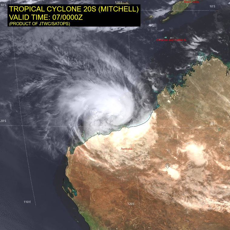 Satellite image of tropical cyclone Mitchell off northwest Western Australia, 07 (1200 PM) February 2026. From JTWC.