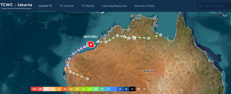 Track map of tropical cyclone Mitchell. 07 February 2026. From TCWC Jakarta.
