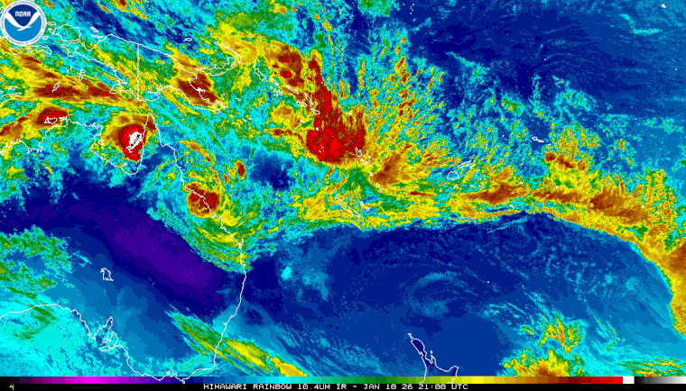 Colourised image showing a developing tropical low pressure system off far north Queensland, 11 January 2026. Image from NOAA.