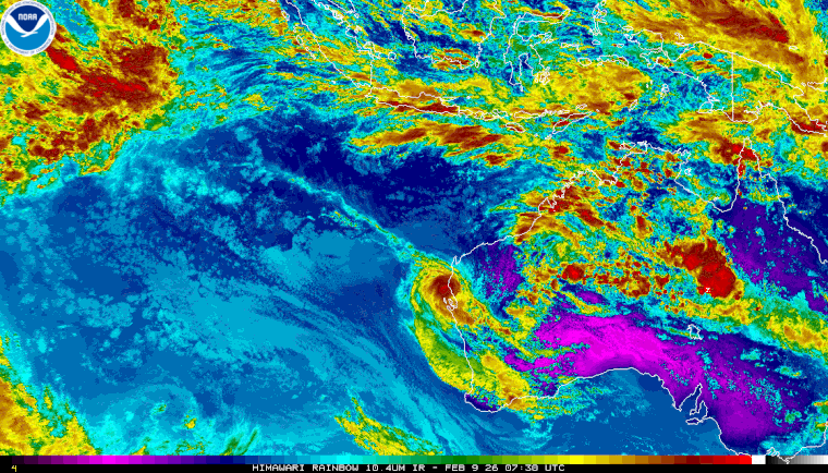 Satellite image of tropical cyclone Mitchell off northwest Western Australia, 09 February 2026. From NOAA.