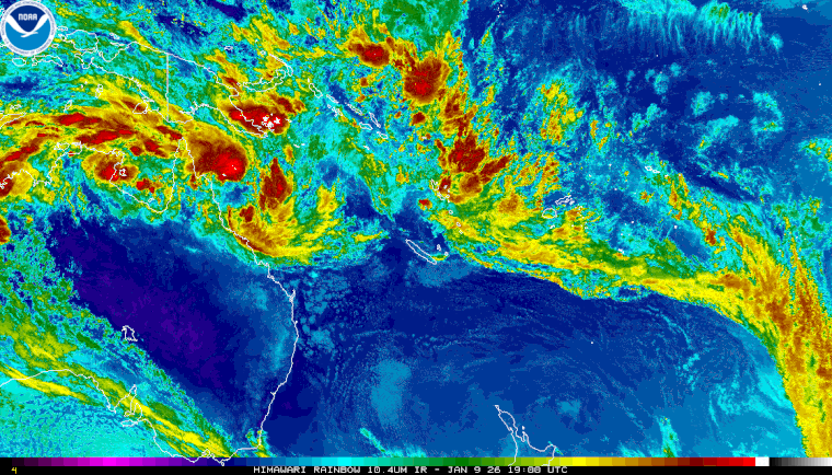 Colourised image showing a developing tropical low pressure system off far north Queensland, 10 January 2026. Image from NOAA.