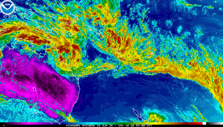 Colourised image showing a developing tropical low pressure system off far north Queensland, 10 January (15:00) 2026. Image from NOAA.