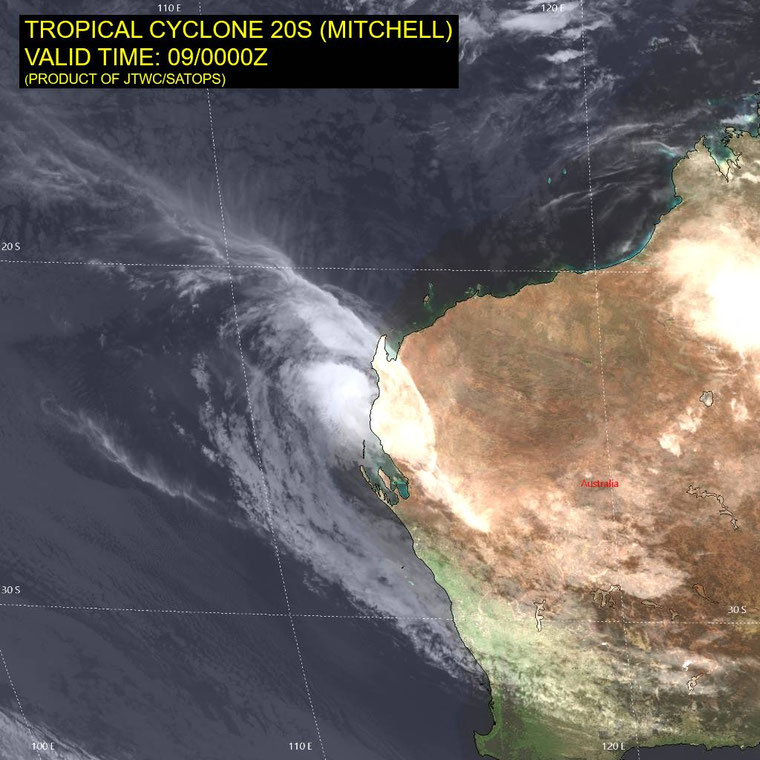 Satellite image of tropical cyclone Mitchell off northwest Western Australia, 09 February 2026. From JTWC.