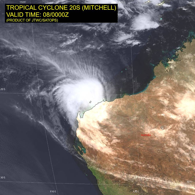 Satellite image of tropical cyclone Mitchell off northwest Western Australia, 08 February 2026. From JTWC.